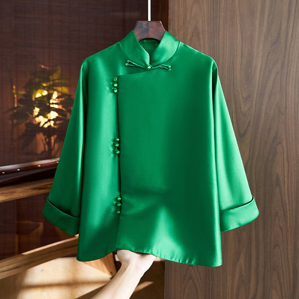 Chinese style slanted placket buttoned jacket women s western style retro improved Chinese silk wool Tang style shirt top autumn image 7