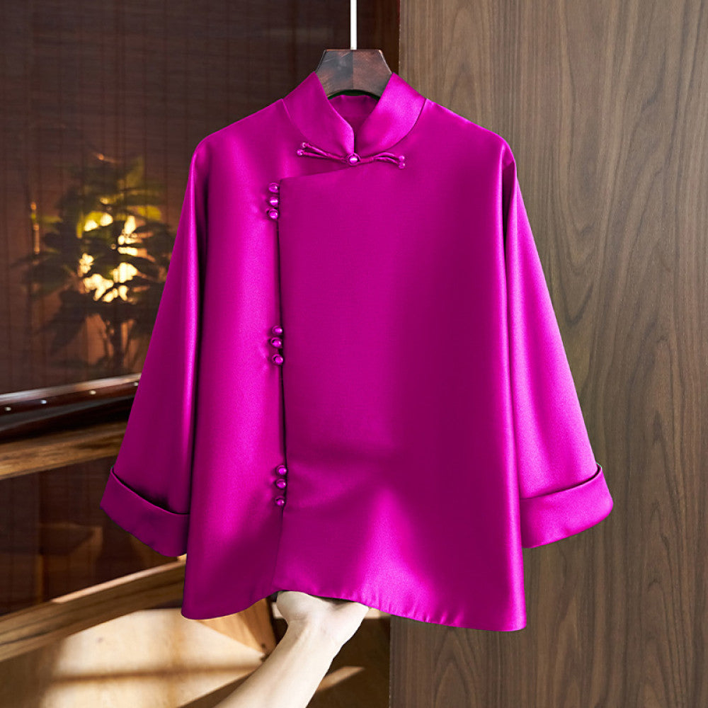 Chinese style slanted placket buttoned jacket women s western style retro improved Chinese silk wool Tang style shirt top autumn image 25
