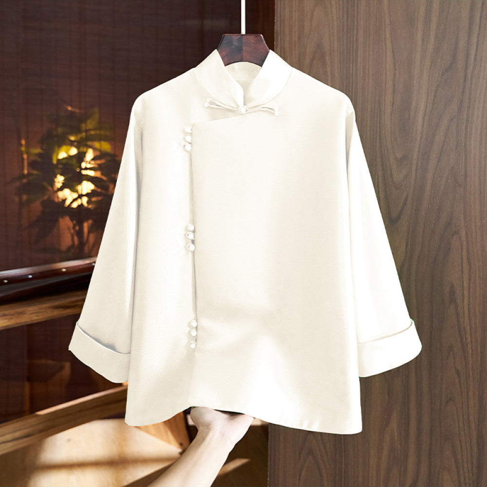 Chinese style slanted placket buttoned jacket women s western style retro improved Chinese silk wool Tang style shirt top autumn image 28