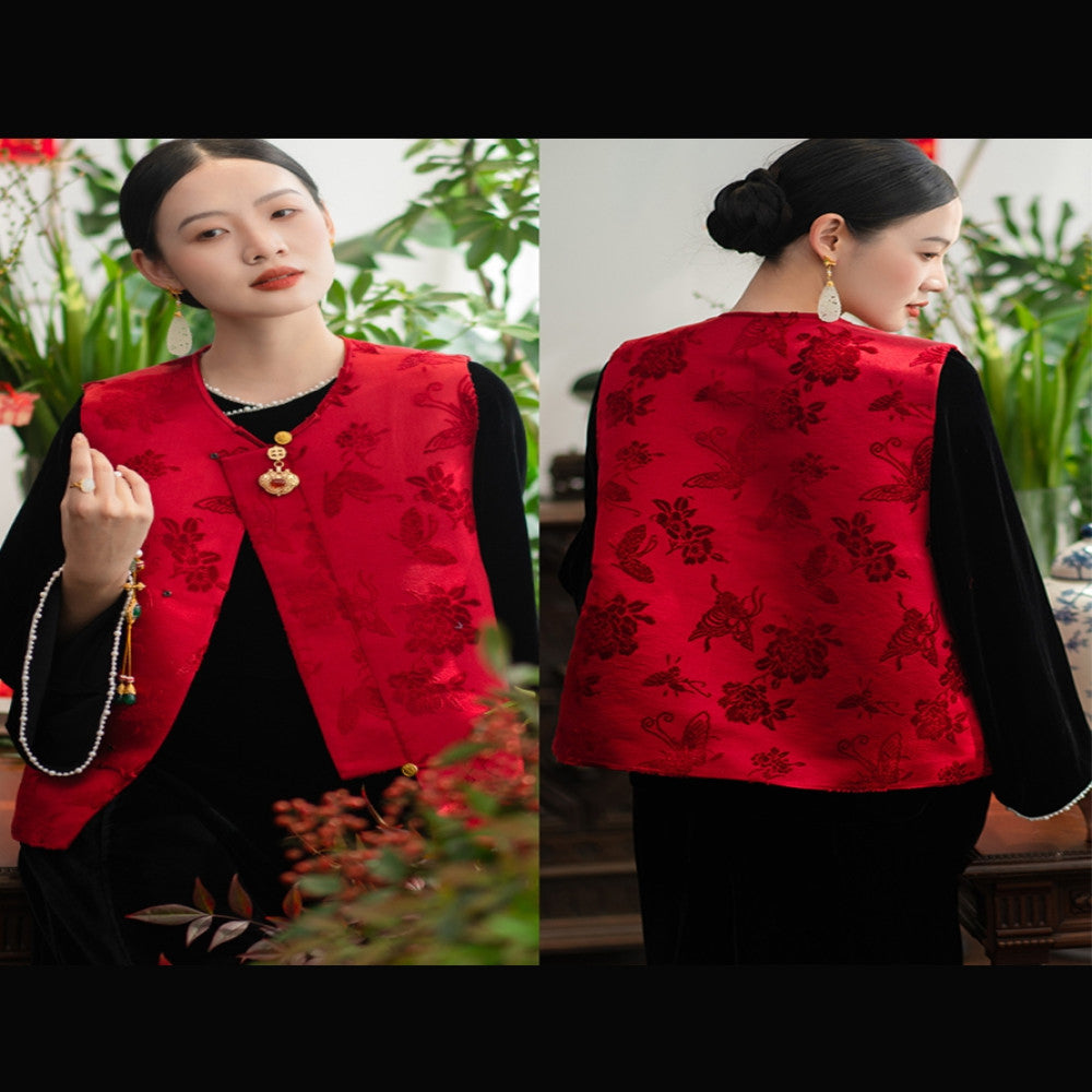 2024 New Product PCY1687 Intangible Cultural Heritage Zhangrong Red Butterfly Love Flower Chinese Retro Round Neck Cotton Jacket image 54