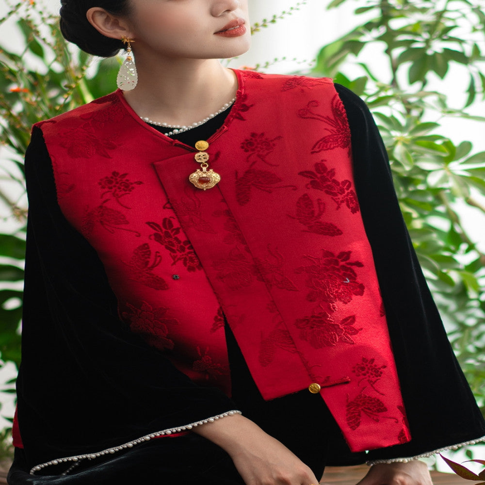 2024 New Product PCY1687 Intangible Cultural Heritage Zhangrong Red Butterfly Love Flower Chinese Retro Round Neck Cotton Jacket image 55