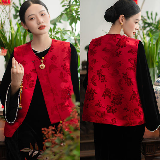 ASAYA2762 Red Dielianhua Chinese Retro Round Neck Vestole Waistcoat Jacket