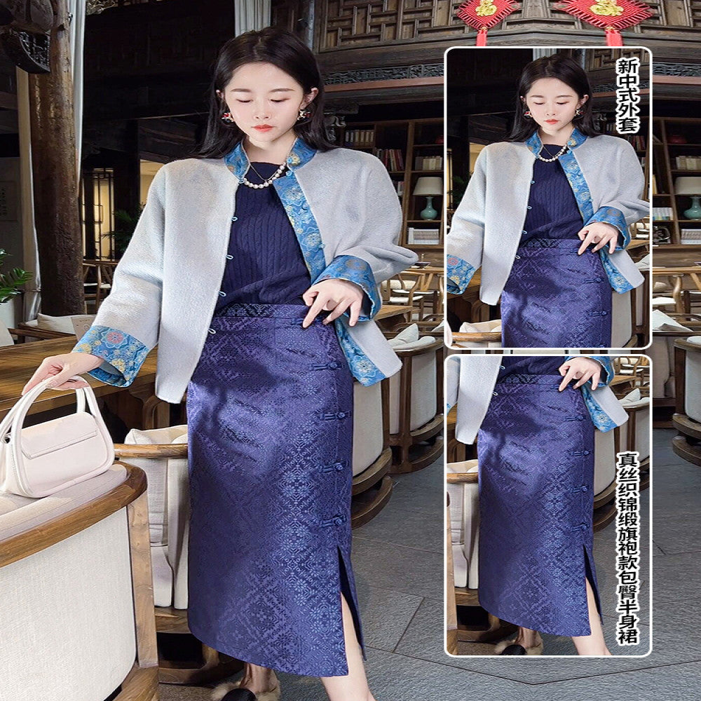 China Chic New Chinese Style Half length Dress Women s 2024 Autumn and Winter Vintage High waist Split Jacquard Hip Wrap Dress image 2