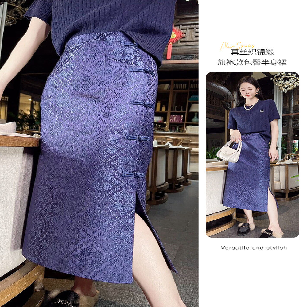 China Chic New Chinese Style Half length Dress Women s 2024 Autumn and Winter Vintage High waist Split Jacquard Hip Wrap Dress image 13