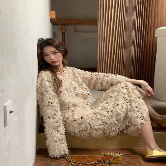 ASAYA2745 Sparkling and cute festive atmosphere sequined sweater dress
