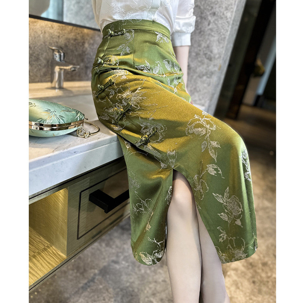 Ancient plant dyeing new Chinese style dress Chinese style half skirt for women in the spring and summer of 2025 wrapped buttocks buttoned open slit skirt image 6