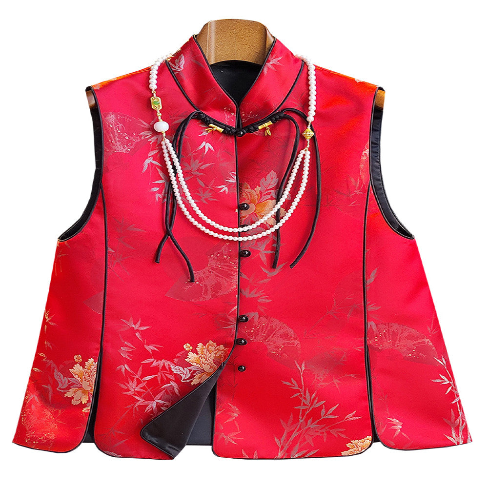 Red retro jacquard Chinese style vest women s original design New Year s clothing fashionable new Chinese style buckle top small jacket image 5