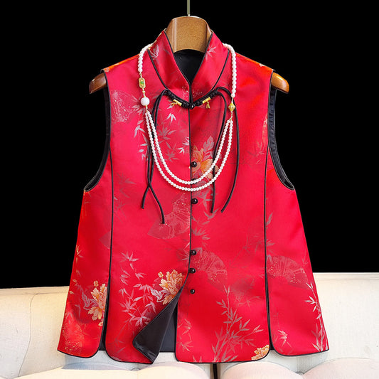 ASAYA2731 Red vintage jacquard brocade Chinese style vest