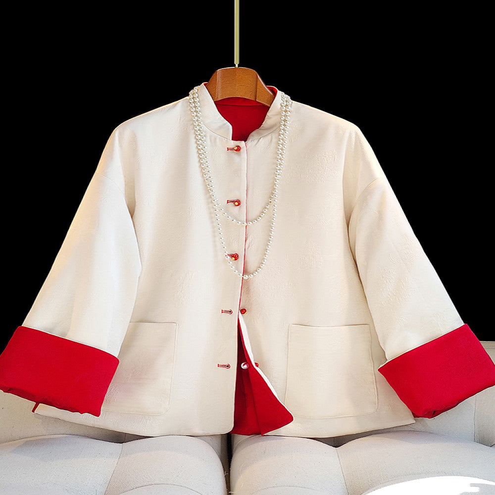 Western style double sided jacquard cotton jacket for women in winter improved new Chinese style New Year s battle robe with cotton jacket trendy outerwear image 1