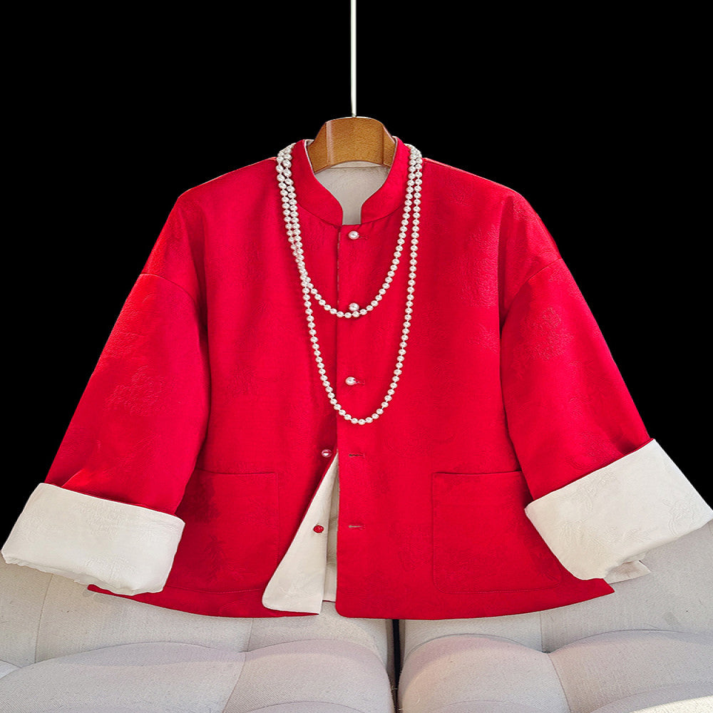 Western style double sided jacquard cotton jacket for women in winter improved new Chinese style New Year s battle robe with cotton jacket trendy outerwear image 3