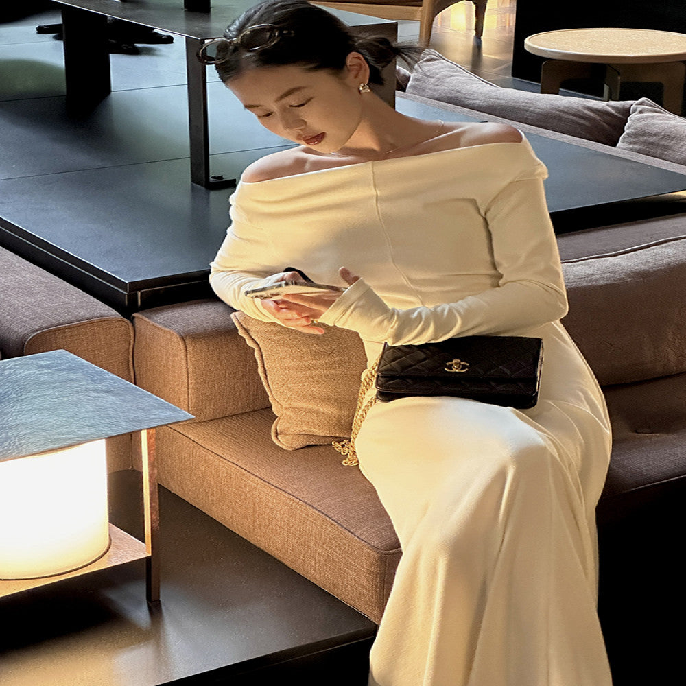 Cml elegant lazy parallel gentle temperament simple one shoulder knitted long dress slimming long skirt image 2