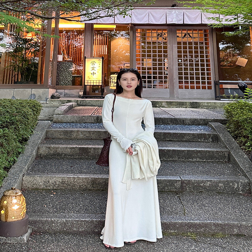 Cml elegant lazy parallel gentle temperament simple one shoulder knitted long dress slimming long skirt image 4