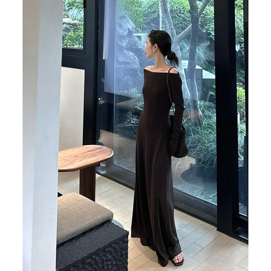 ASAYA2727 Gentle temperament, simple one-shoulder knitted long dress