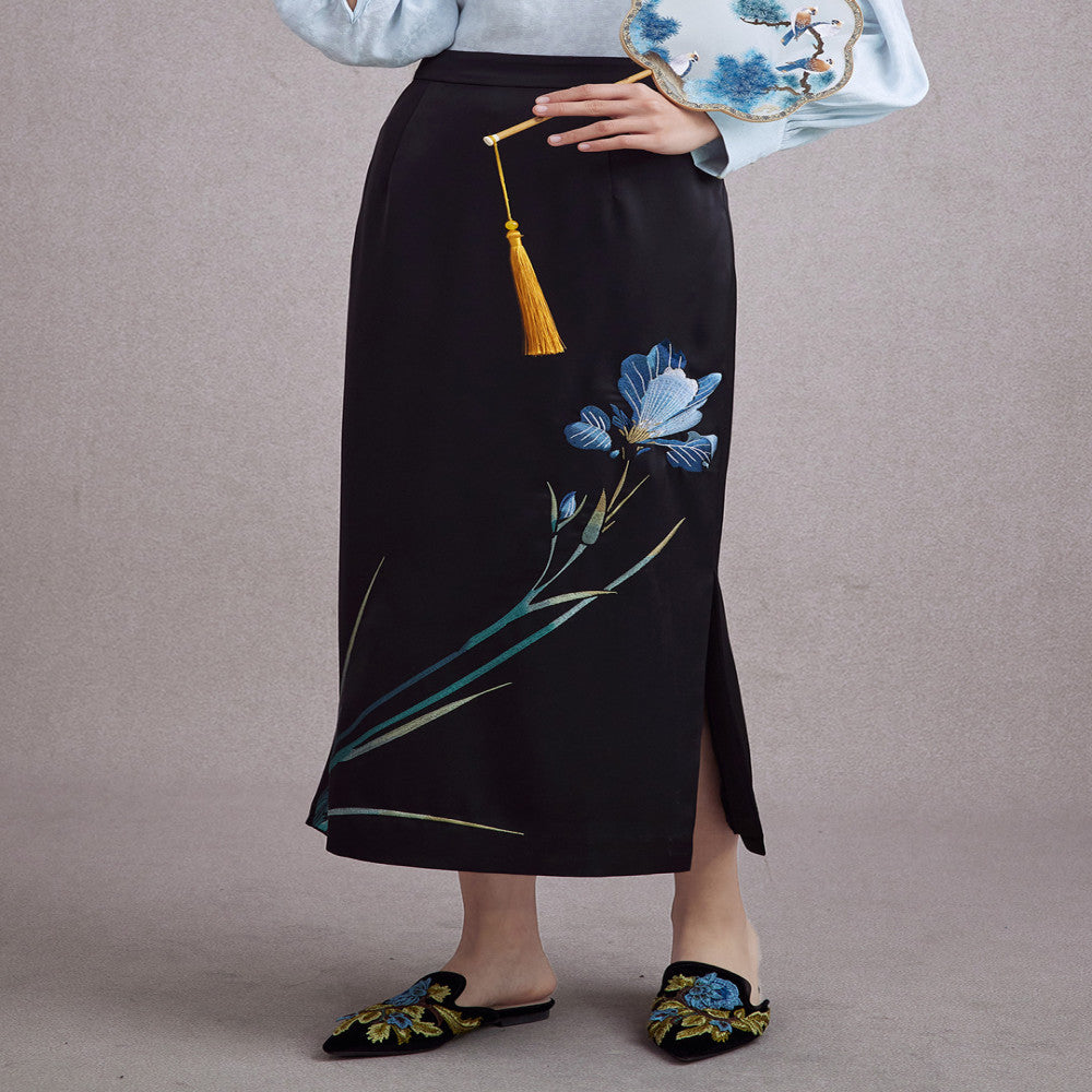 Moyu 2024 autumn new Chinese style orchid embroidery daily Chinese temperament cheongsam style side slit skirt image 1