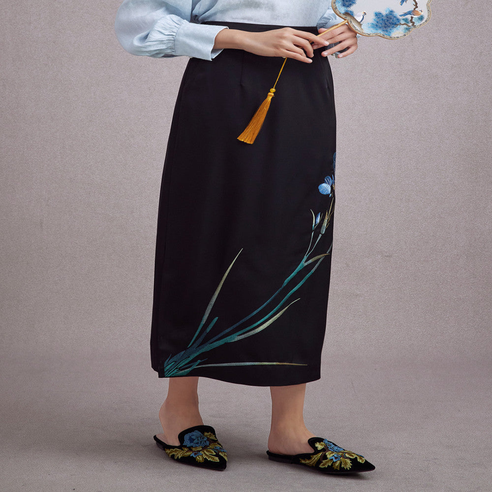 Moyu 2024 autumn new Chinese style orchid embroidery daily Chinese temperament cheongsam style side slit skirt image 2