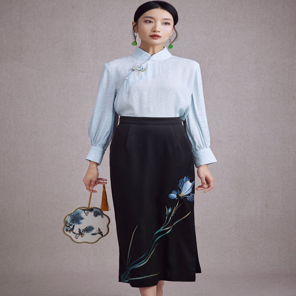 Moyu 2024 autumn new Chinese style orchid embroidery daily Chinese temperament cheongsam style side slit skirt image 3