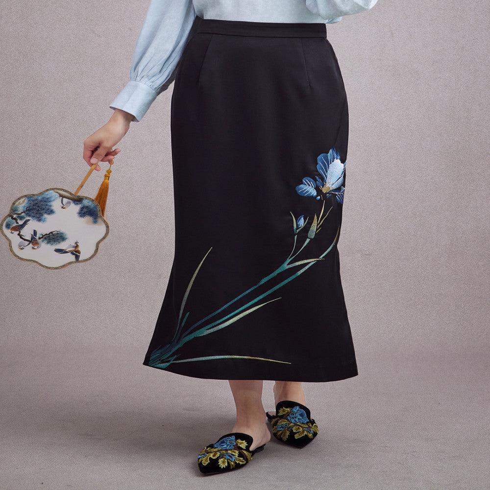 Moyu 2024 autumn new Chinese style orchid embroidery daily Chinese temperament cheongsam style side slit skirt image 4