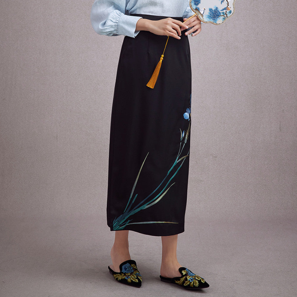 Moyu 2024 autumn new Chinese style orchid embroidery daily Chinese temperament cheongsam style side slit skirt image 13