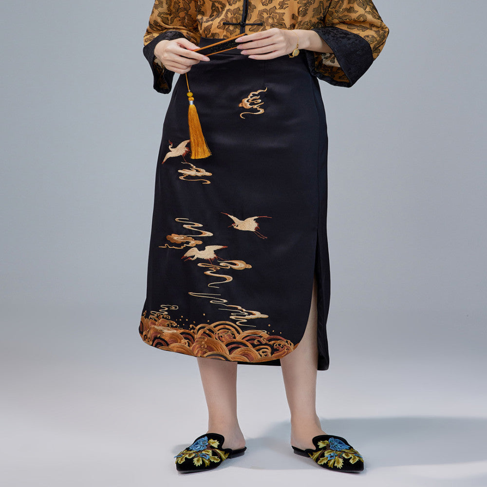 Moyu 2024 Spring Summer New Chinese Style Original Retro Embroidery Improved Cheongsam Skirt Medium Long Chinese Half length Skirt image 3