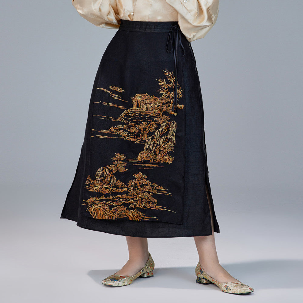 Moyu 2024 Spring Summer New Chinese Style Original Embroidered Horse Face Skirt Silk Turtle Pattern Fragrant Cloud Yarn Cheongsam Half Body Skirt image 2