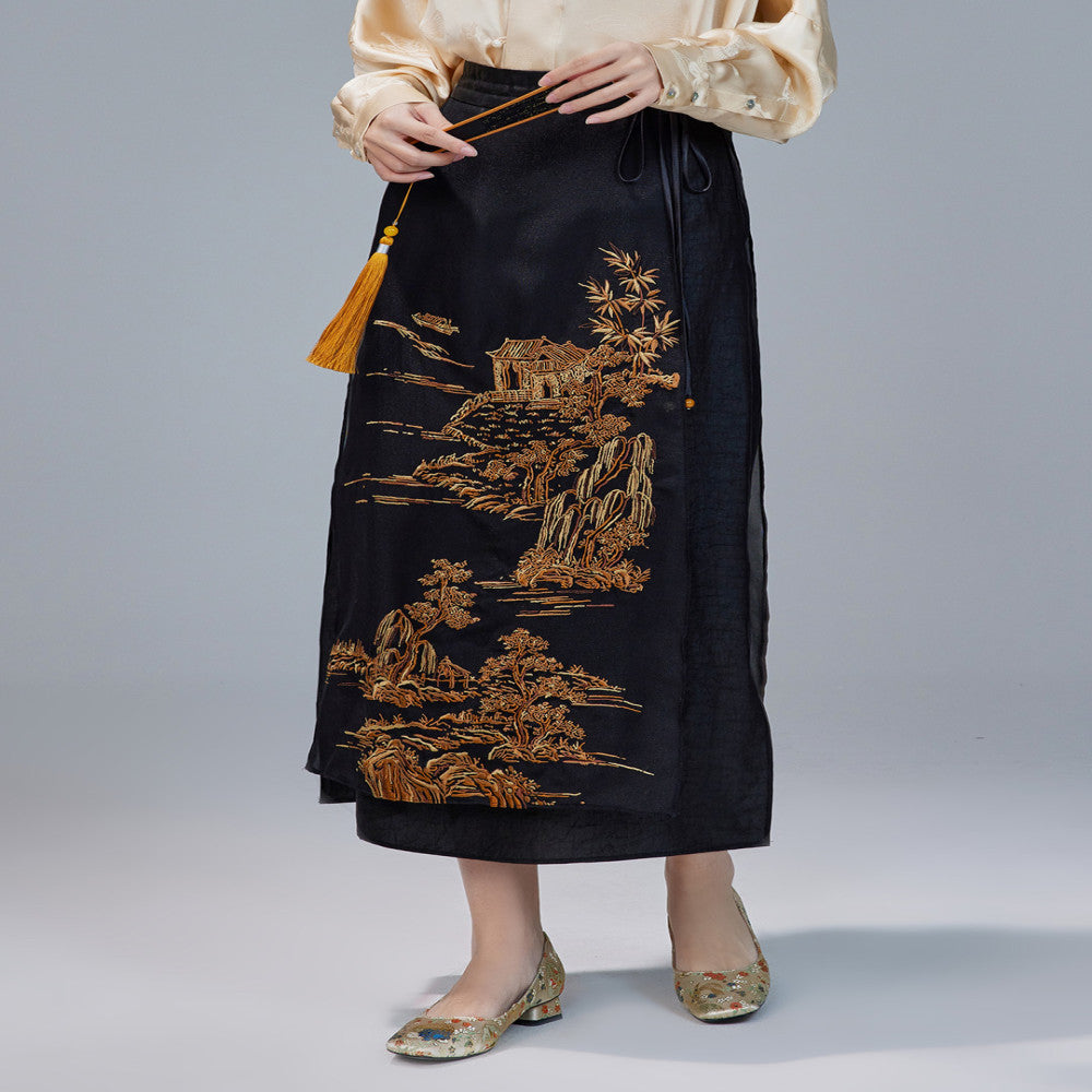 Moyu 2024 Spring Summer New Chinese Style Original Embroidered Horse Face Skirt Silk Turtle Pattern Fragrant Cloud Yarn Cheongsam Half Body Skirt image 3