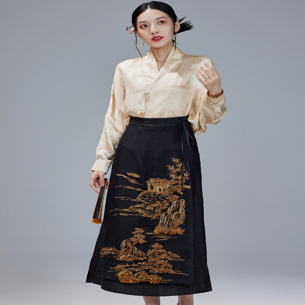 Moyu 2024 Spring Summer New Chinese Style Original Embroidered Horse Face Skirt Silk Turtle Pattern Fragrant Cloud Yarn Cheongsam Half Body Skirt image 4