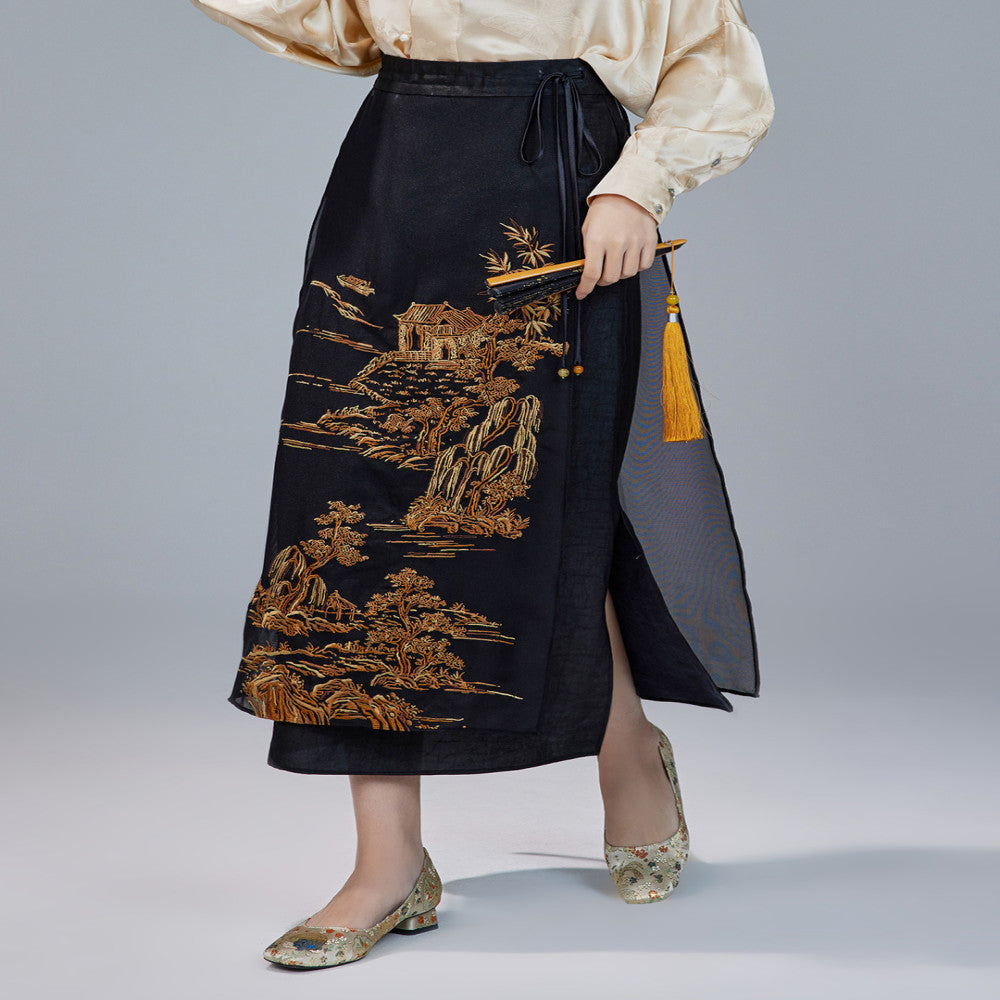Moyu 2024 Spring Summer New Chinese Style Original Embroidered Horse Face Skirt Silk Turtle Pattern Fragrant Cloud Yarn Cheongsam Half Body Skirt image 0