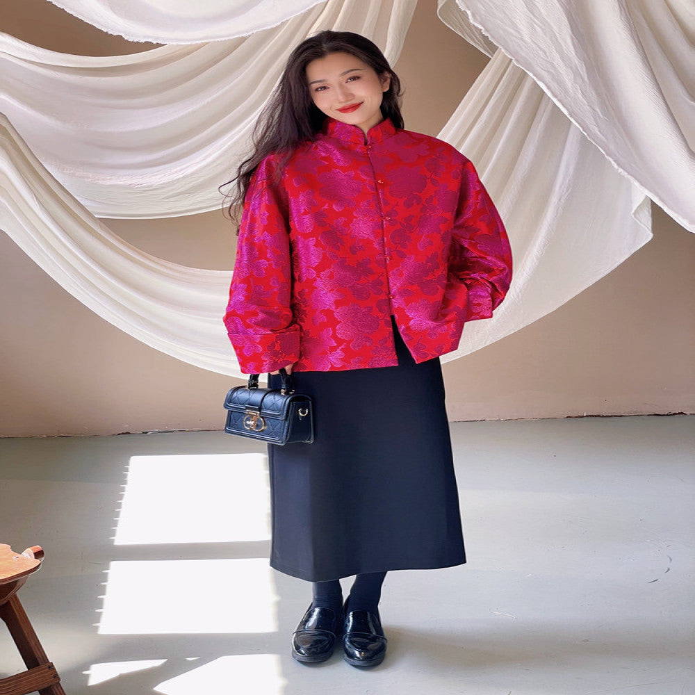 TAORAN women s new Chinese style cheongsam top for tall and fashionable women Tang style jacket with cotton jacket red New Year s clothing image 1