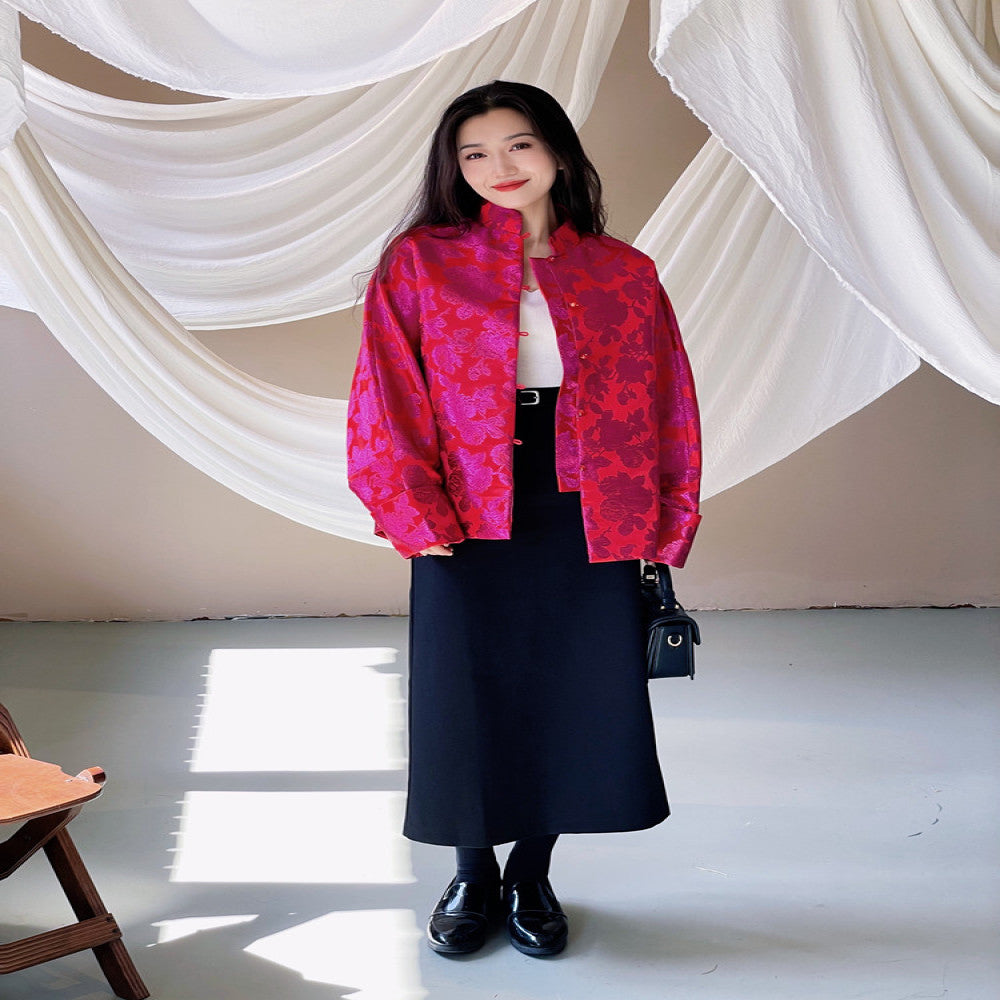 TAORAN women s new Chinese style cheongsam top for tall and fashionable women Tang style jacket with cotton jacket red New Year s clothing image 4