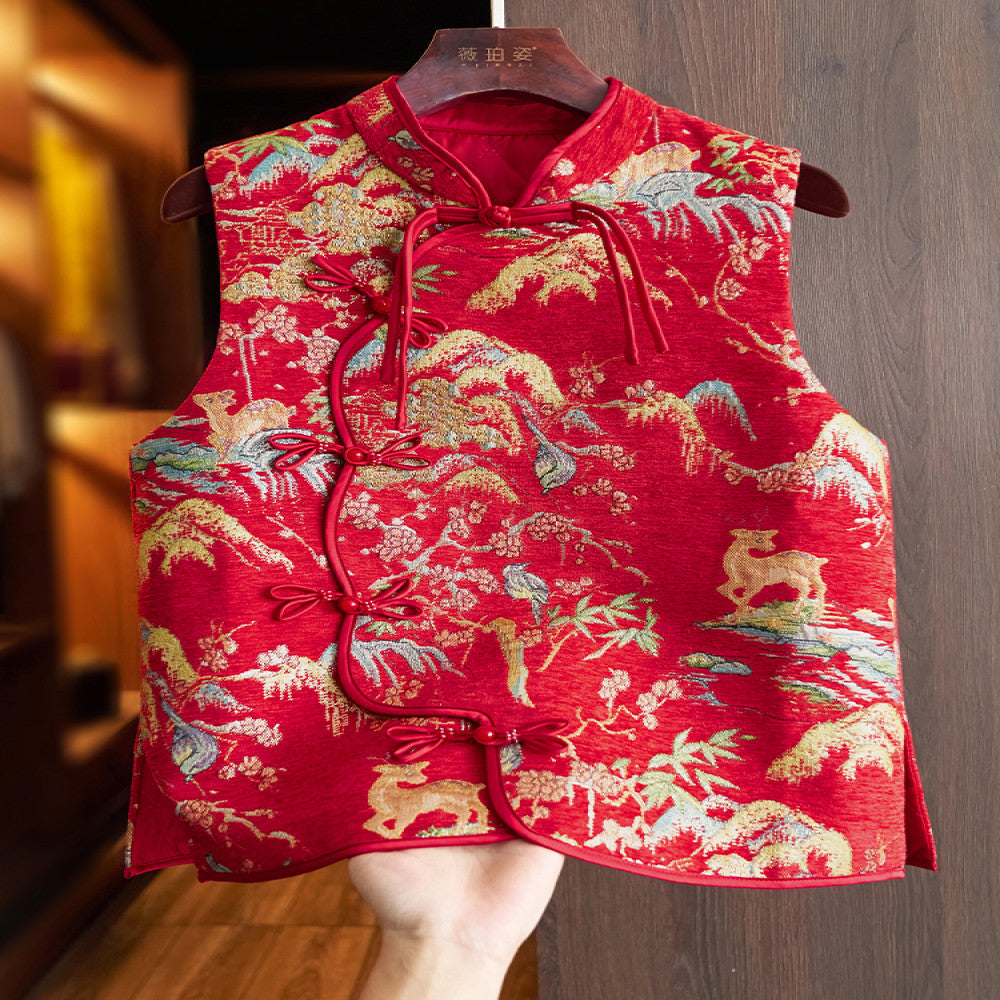 Red retro China Chic style embroidery new Chinese cotton jacket waistcoat for women with thin and light modified button cotton jacket image 1