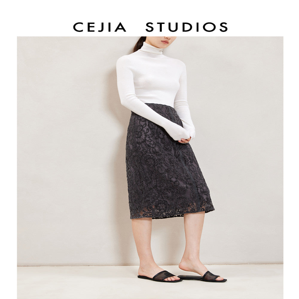 CEJIA imported lace midi skirt high waist over knee deep gray commuting straight tube one step skirt 2025 autumn new style image 1