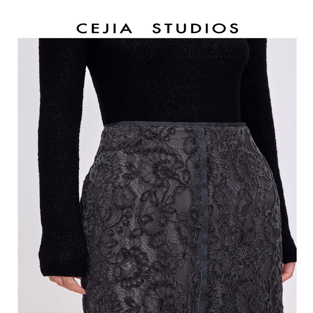 CEJIA imported lace midi skirt high waist over knee deep gray commuting straight tube one step skirt 2025 autumn new style image 2