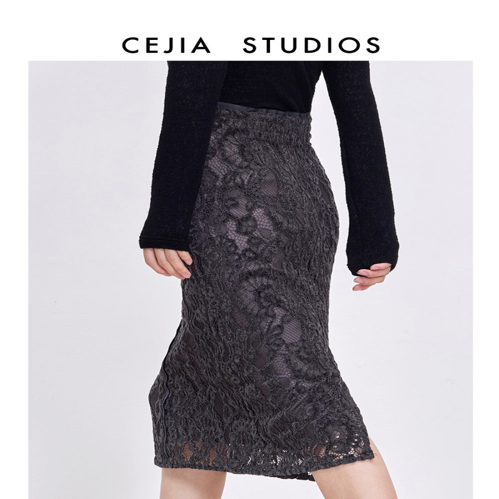 CEJIA imported lace midi skirt high waist over knee deep gray commuting straight tube one step skirt 2025 autumn new style image 3