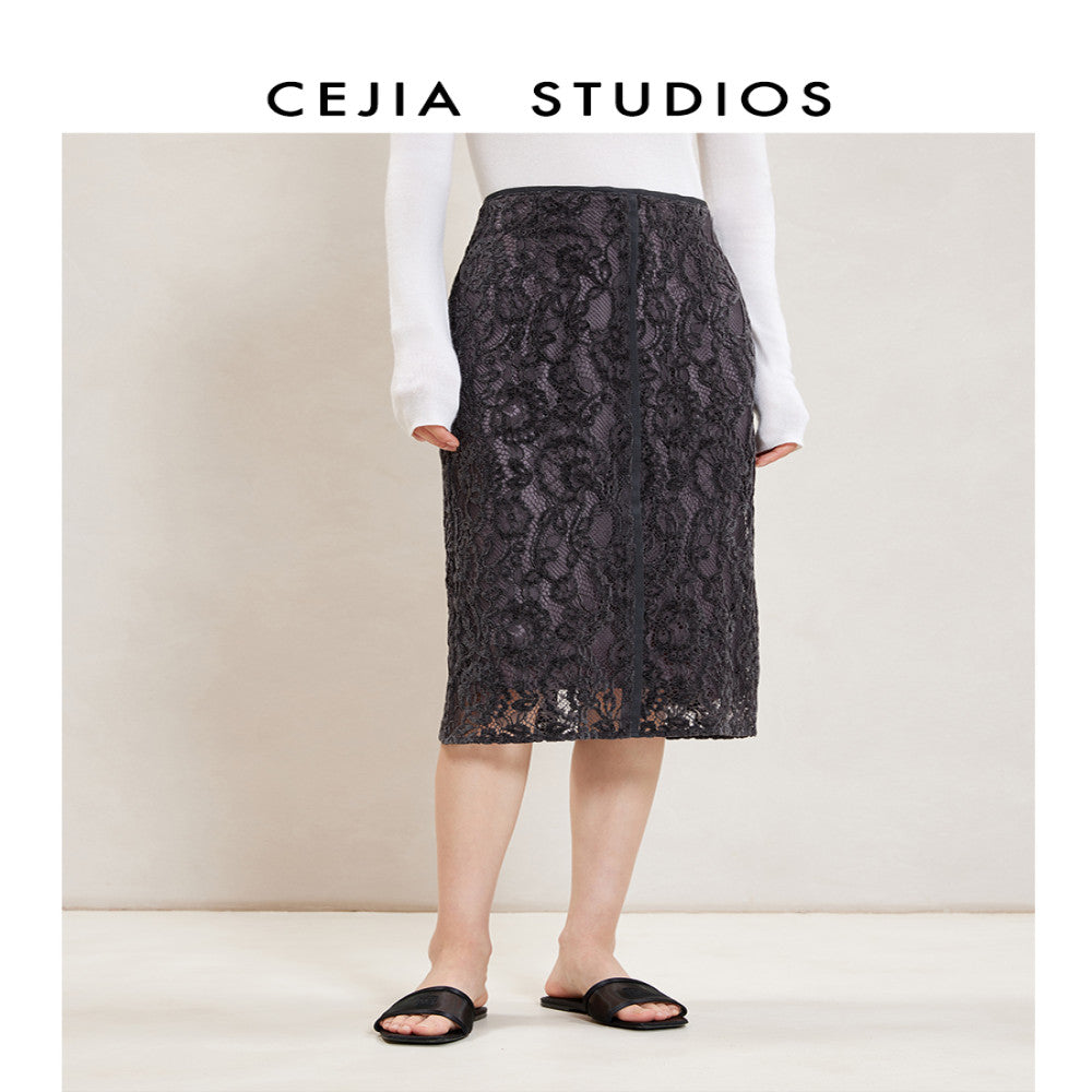 CEJIA imported lace midi skirt high waist over knee deep gray commuting straight tube one step skirt 2025 autumn new style image 4