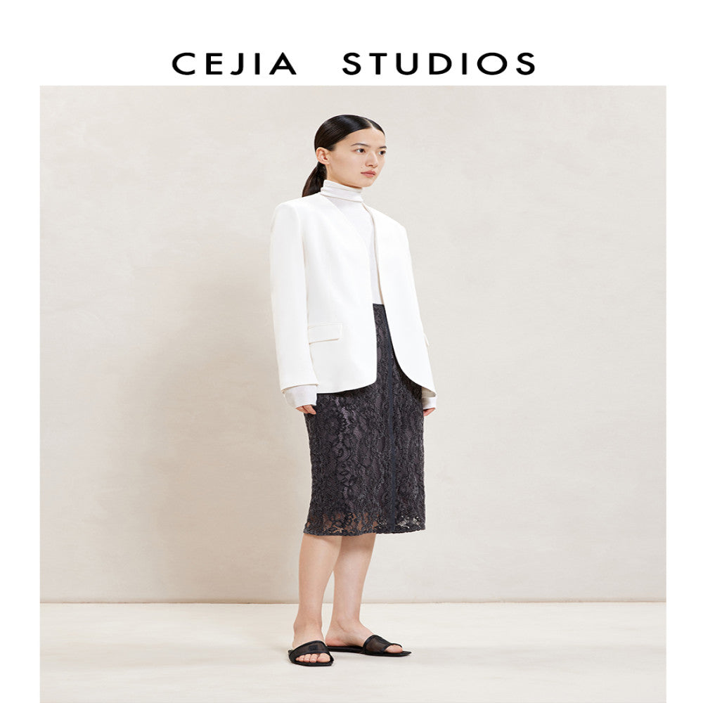 CEJIA imported lace midi skirt high waist over knee deep gray commuting straight tube one step skirt 2025 autumn new style image 5