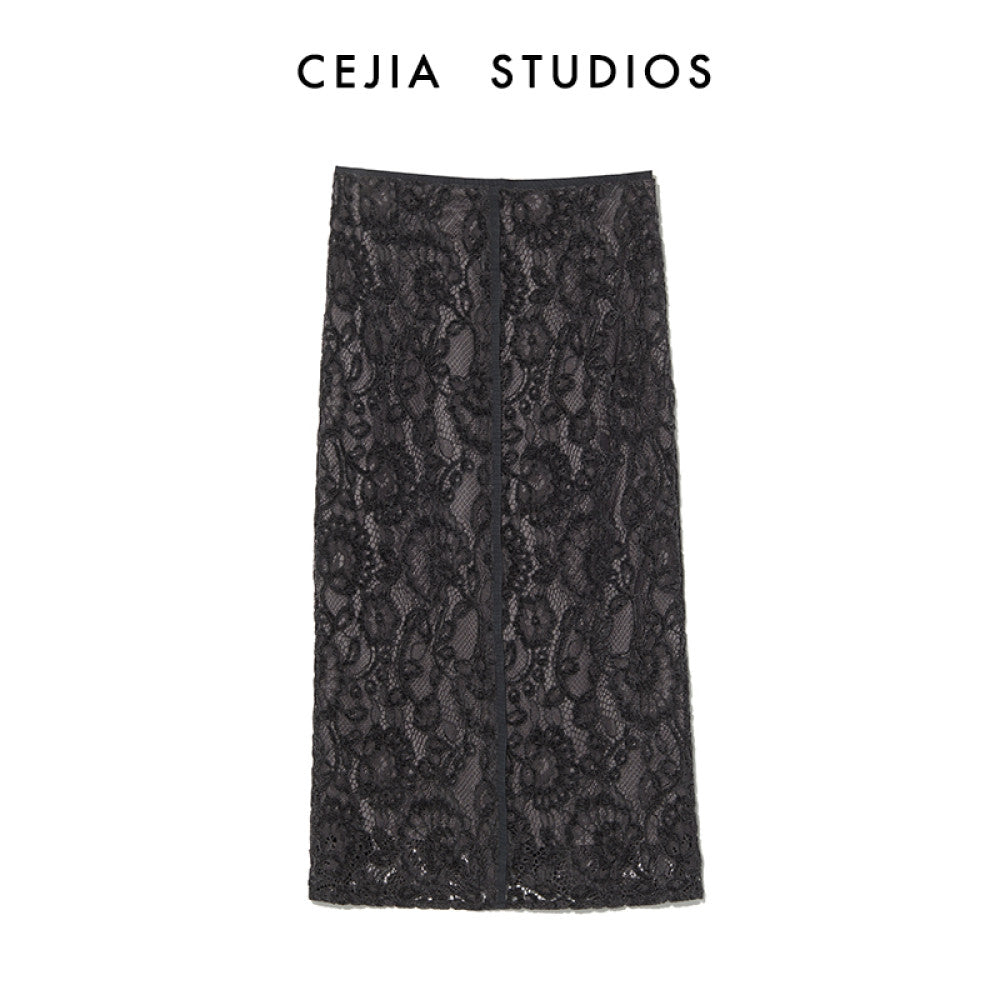 CEJIA imported lace midi skirt high waist over knee deep gray commuting straight tube one step skirt 2025 autumn new style image 11