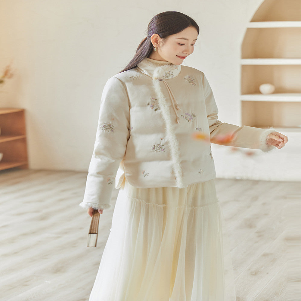 Mountain Colored Winter New Chinese style Women s Coat White Embroidered High Neck 90 Duck Down Thickened Warm Down Jacket image 3