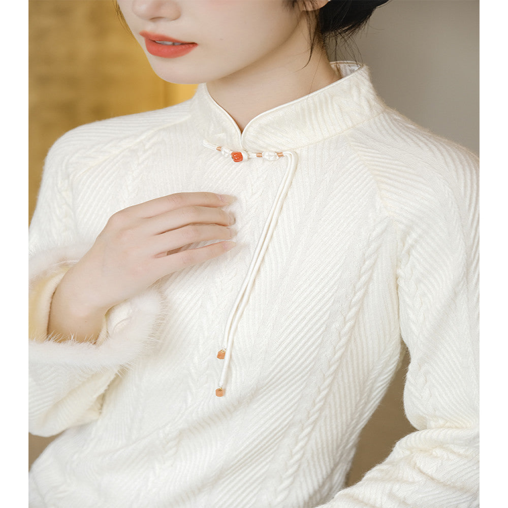 Mountain Colored New Chinese Knitted Dress Winter New Style Rice White Elegant Temperament Improved Cheongsam Young Style image 5