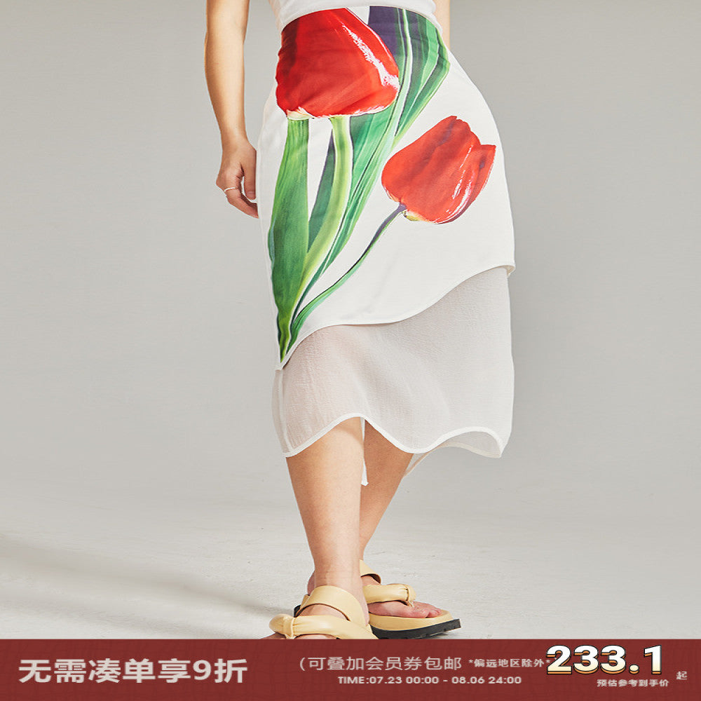 Original design with ear artistic sense simulated oil painting tulip satin early autumn organza irregular skirt image 1