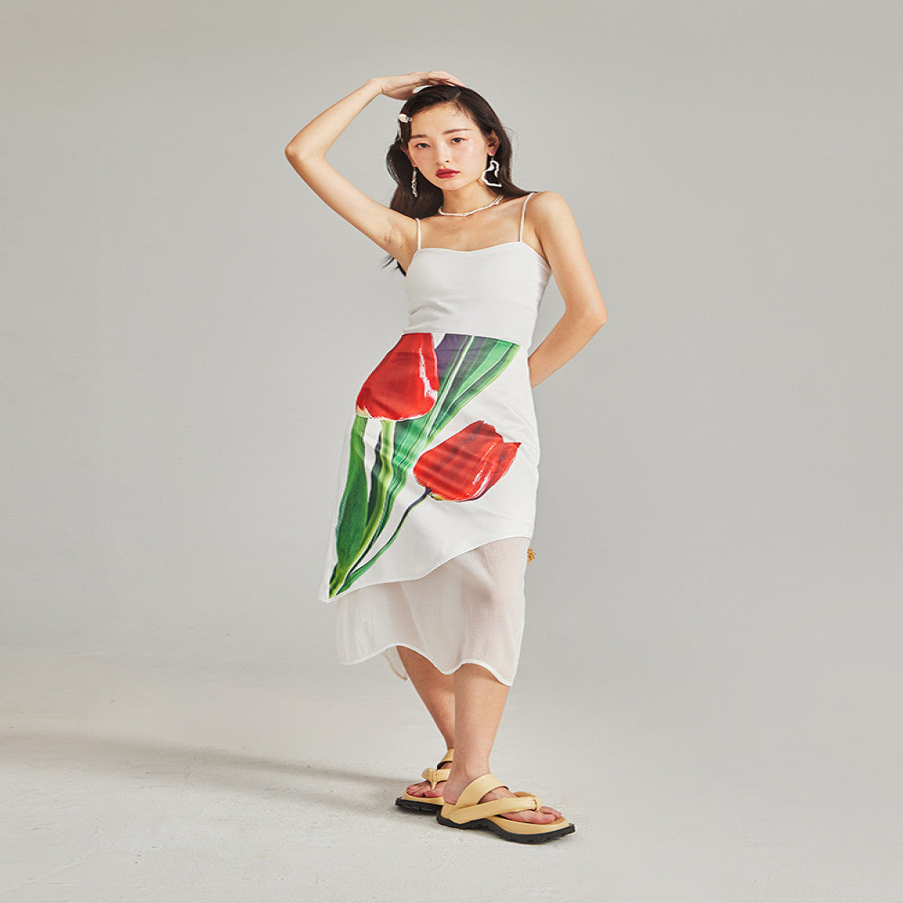 Original design with ear artistic sense simulated oil painting tulip satin early autumn organza irregular skirt image 3