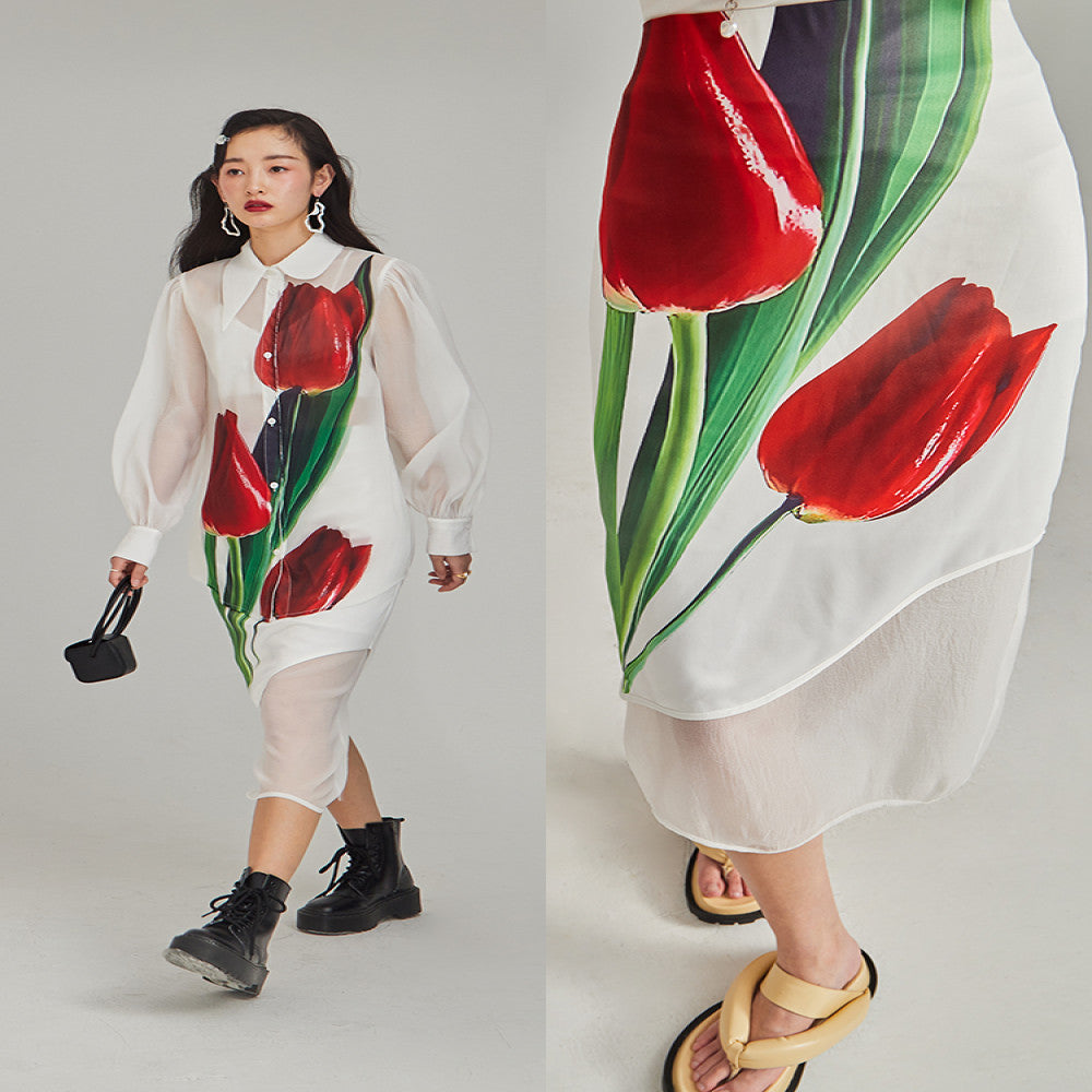 Original design with ear artistic sense simulated oil painting tulip satin early autumn organza irregular skirt image 4