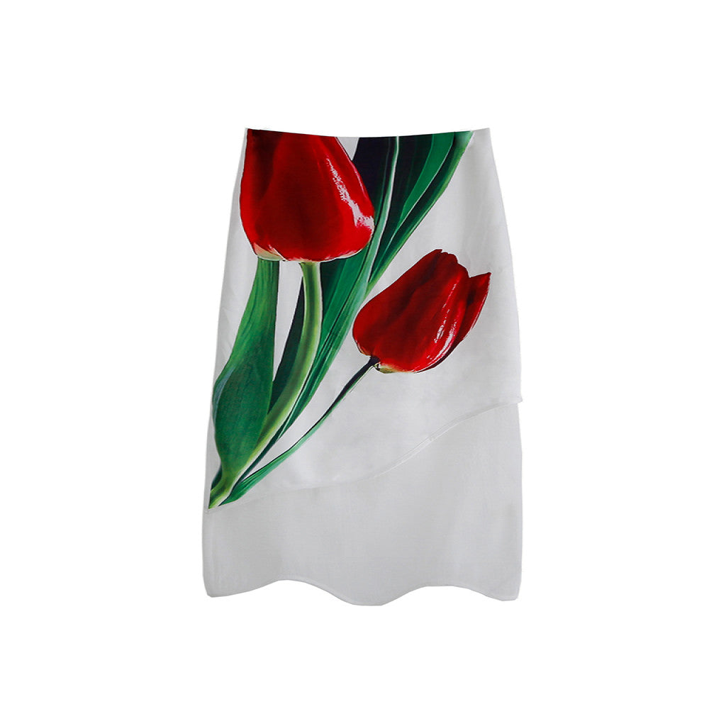 Original design with ear artistic sense simulated oil painting tulip satin early autumn organza irregular skirt image 5