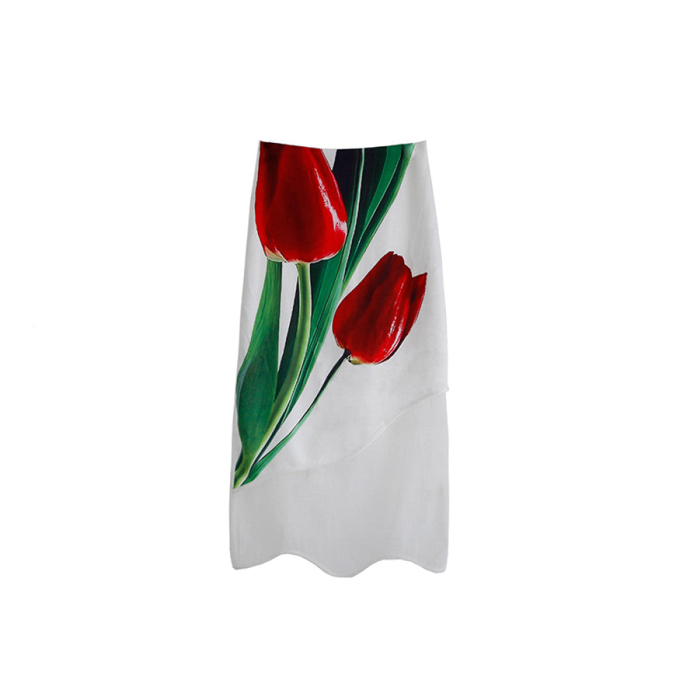 Original design with ear artistic sense simulated oil painting tulip satin early autumn organza irregular skirt image 10