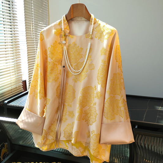 ASAYA2646 Retro buttoned long-sleeved silk top