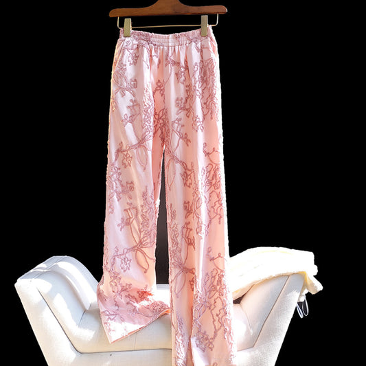 ASAYA2643 Pink high-end retro embroidered loose wide-leg pants