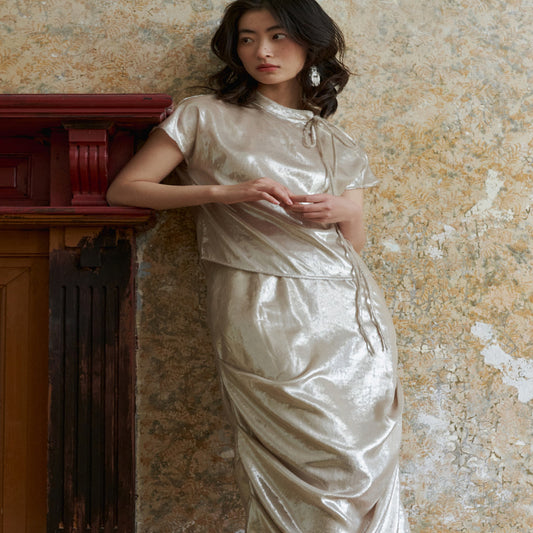 ASAYA2639 Fine sparkling champagne silk original new Chinese style stand-up collar short-sleeved top