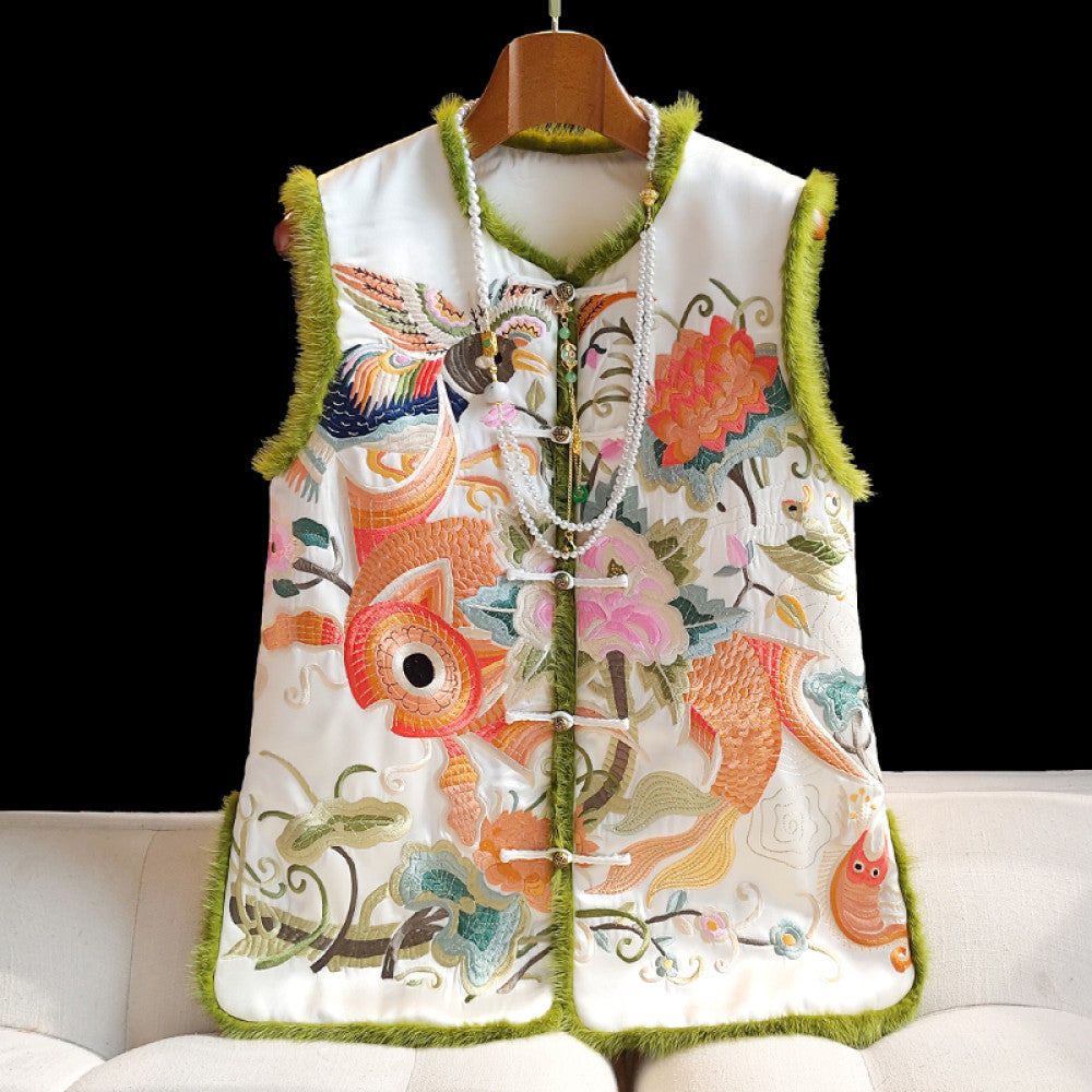 Red new Chinese style vinegar cotton vest women s winter retro heavy embroidery mink fur thick coat cotton jacket image 16