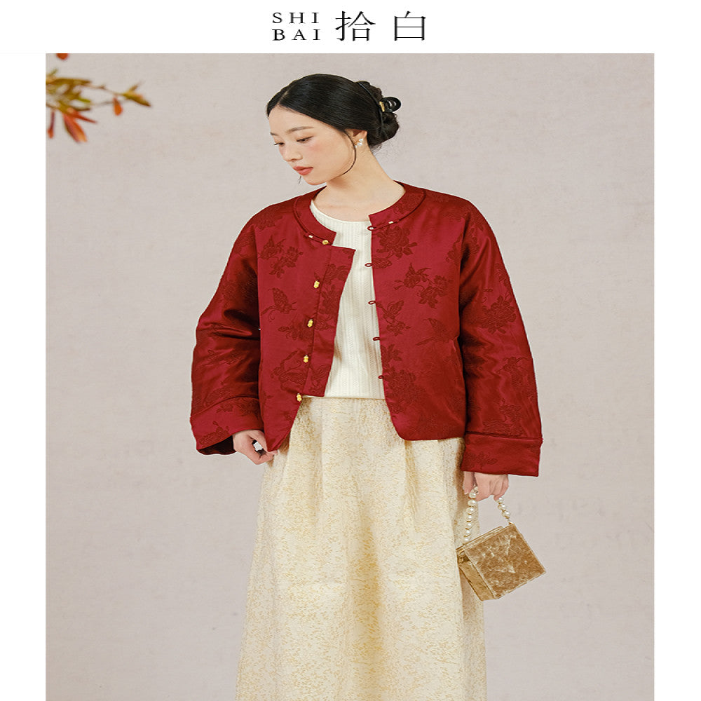 SHIBAI White Butterfly Love Flower New Chinese Coat Winter High end Mulberry Silk Silk Crown Wrinkle Red Cotton Jacket image 1