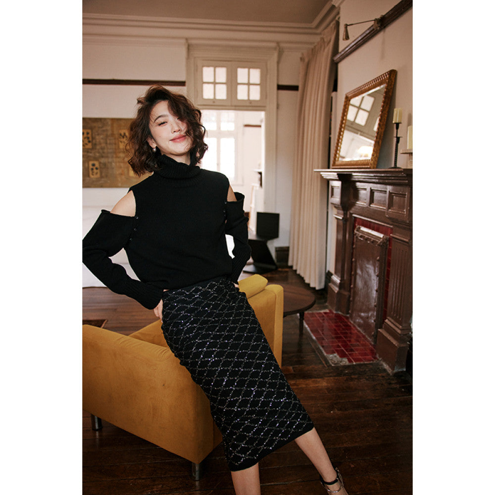 ROSEBANKS Star studded Skirt Under the Minister s Christmas Atmosphere Diamond Grid Glitter Knitted Half Skirt image 2