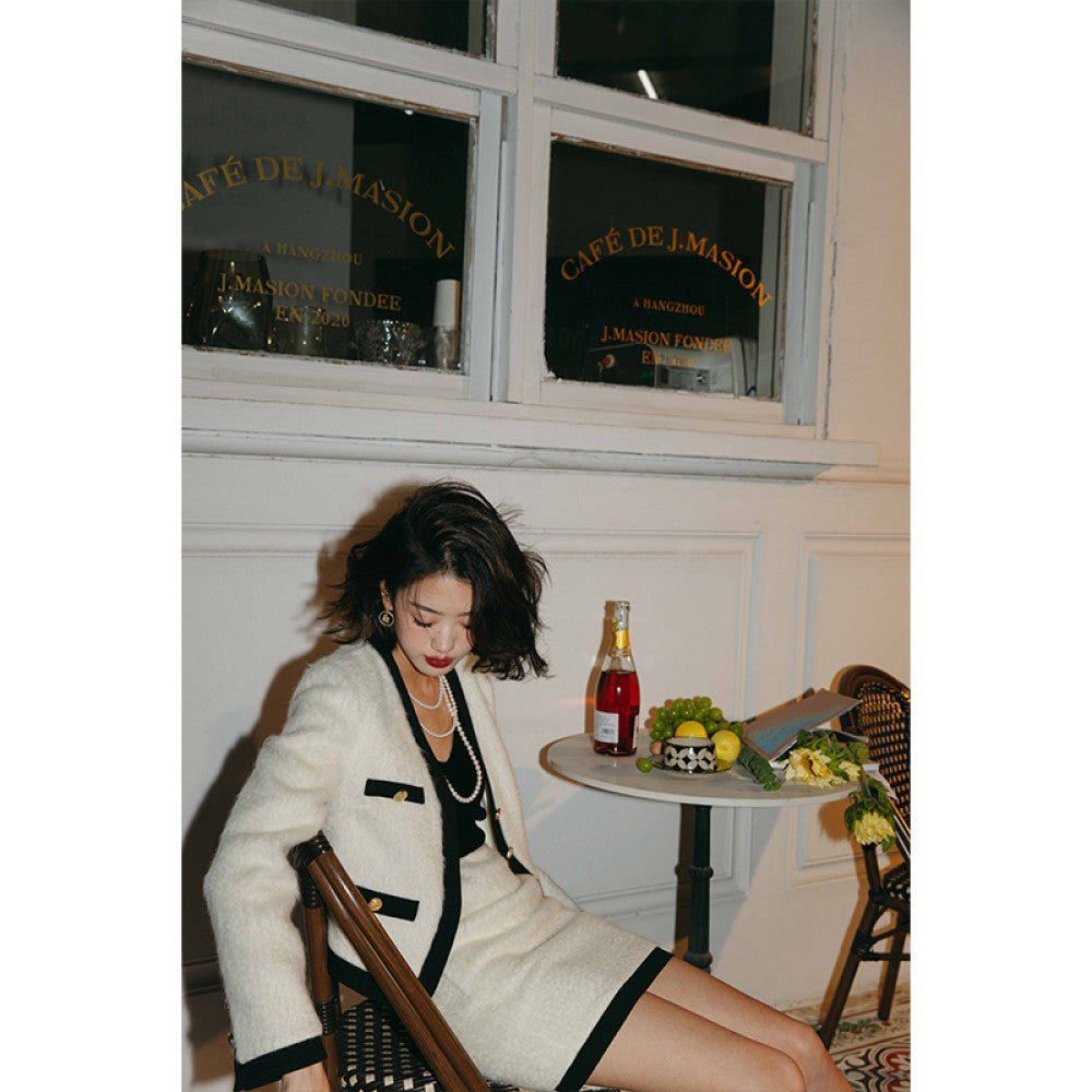 ROSEBANKS Tokyo 797 Water Wave Pattern Camel Velvet White Small Fragrant High Waist Small Coat Half Skirt Set image 2